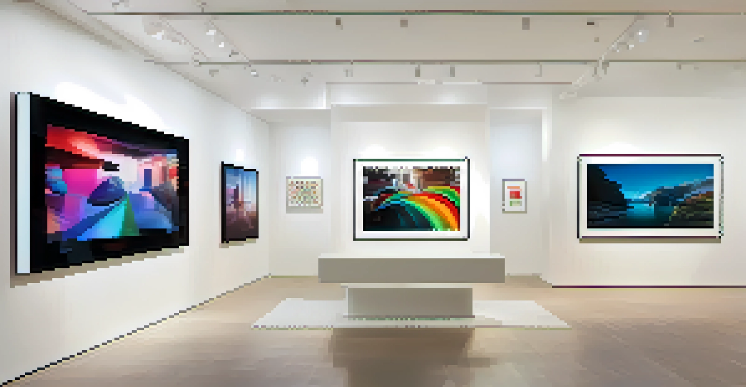 An art gallery featuring digital screens displaying colorful digital art, with people admiring the pieces.