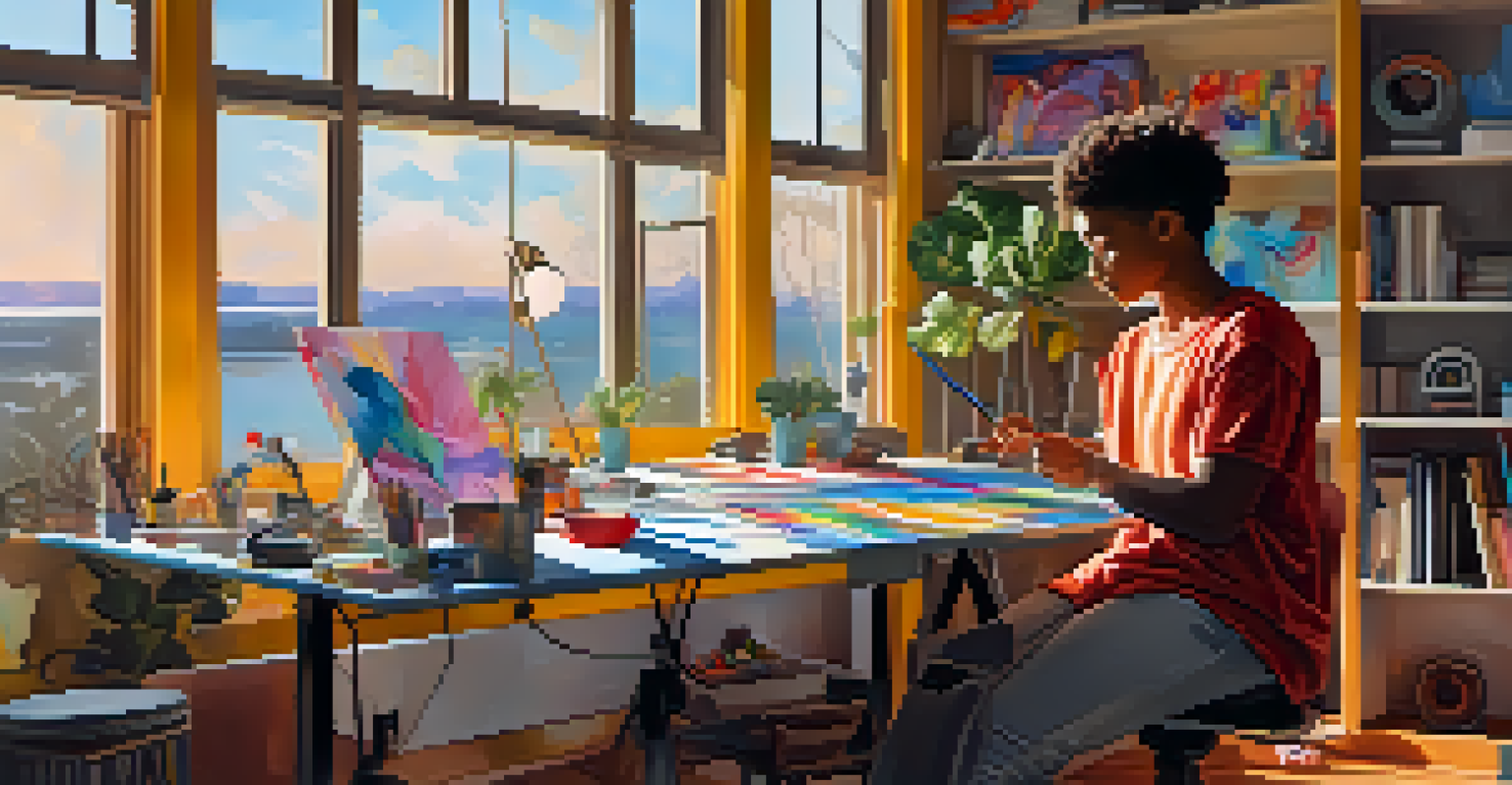 A digital portrait of a diverse artist in a luxurious studio, surrounded by modern art and sunlight.
