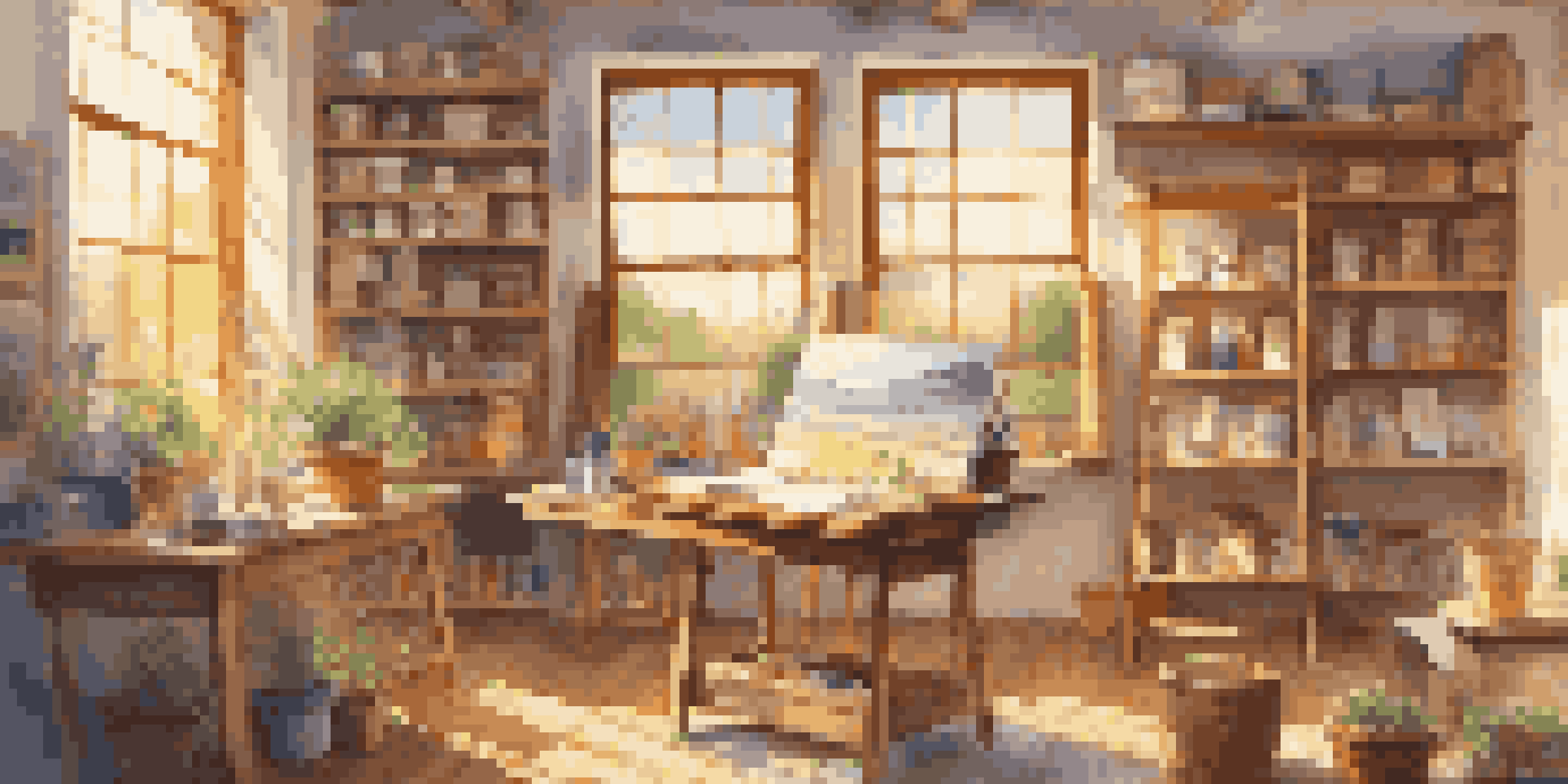 A warm and inviting art studio filled with paint supplies, canvases, and artwork, illuminated by natural sunlight.