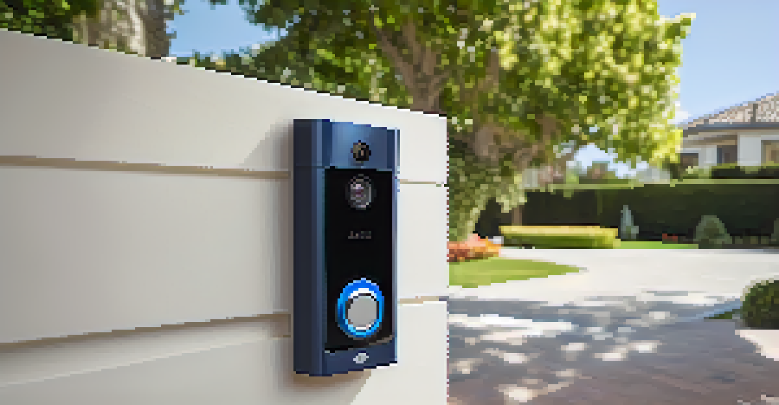 A close-up of a modern video doorbell at a luxury home entrance, surrounded by a well-kept front yard with blooming flowers.