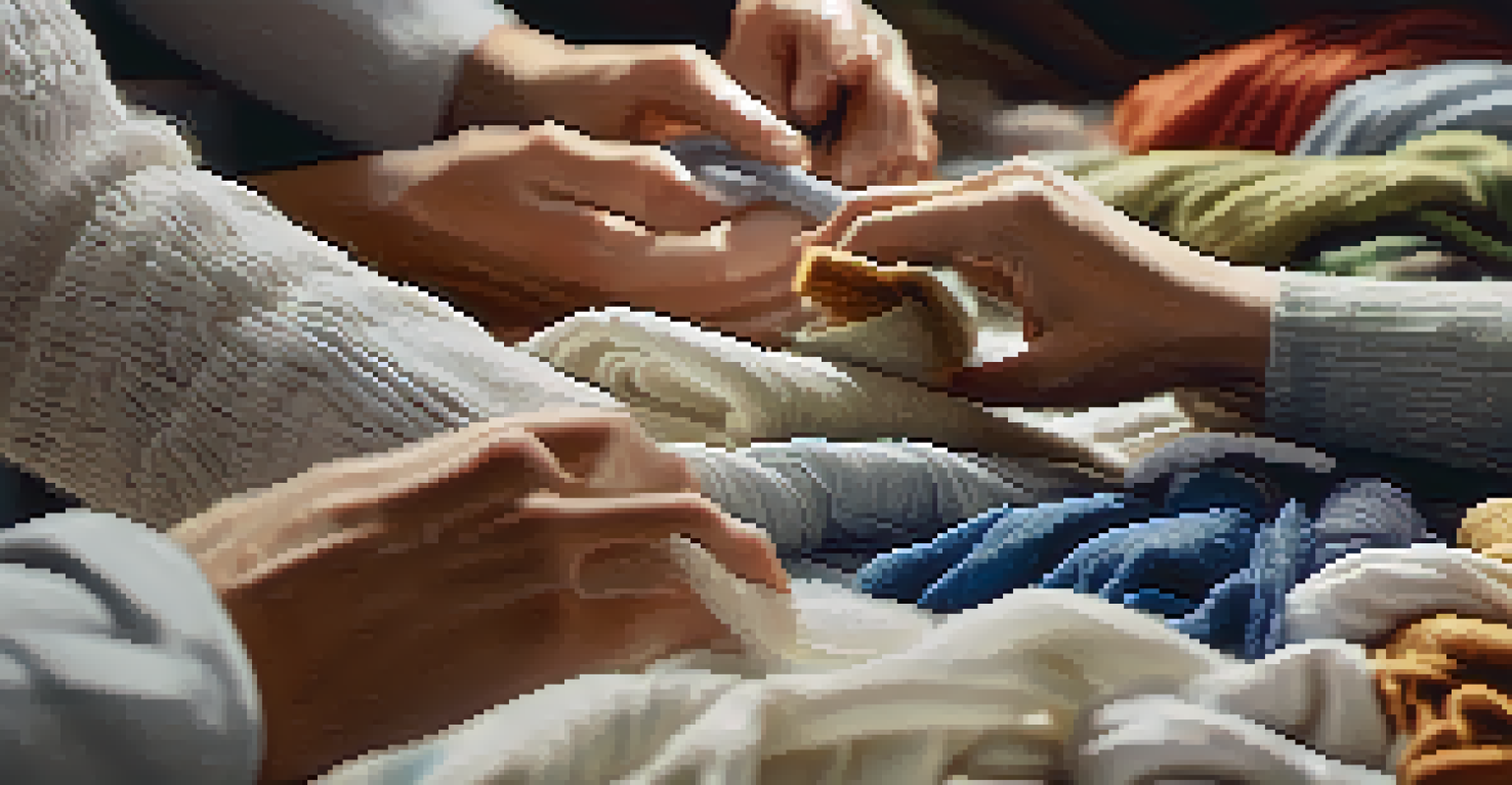 Close-up of hands sorting through sustainable fabrics like organic cotton and recycled polyester.