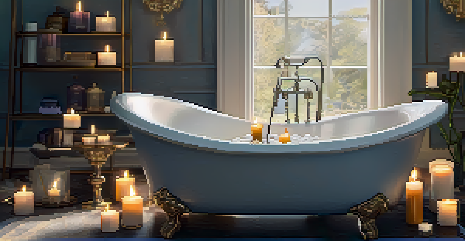 A luxurious bath filled with bubbles, surrounded by candles and essential oils, creating a serene atmosphere.