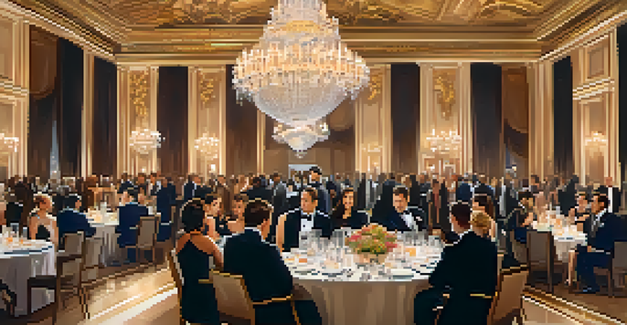 A vibrant ballroom filled with professionals in formal attire networking, illuminated by chandeliers and decorated with floral arrangements.