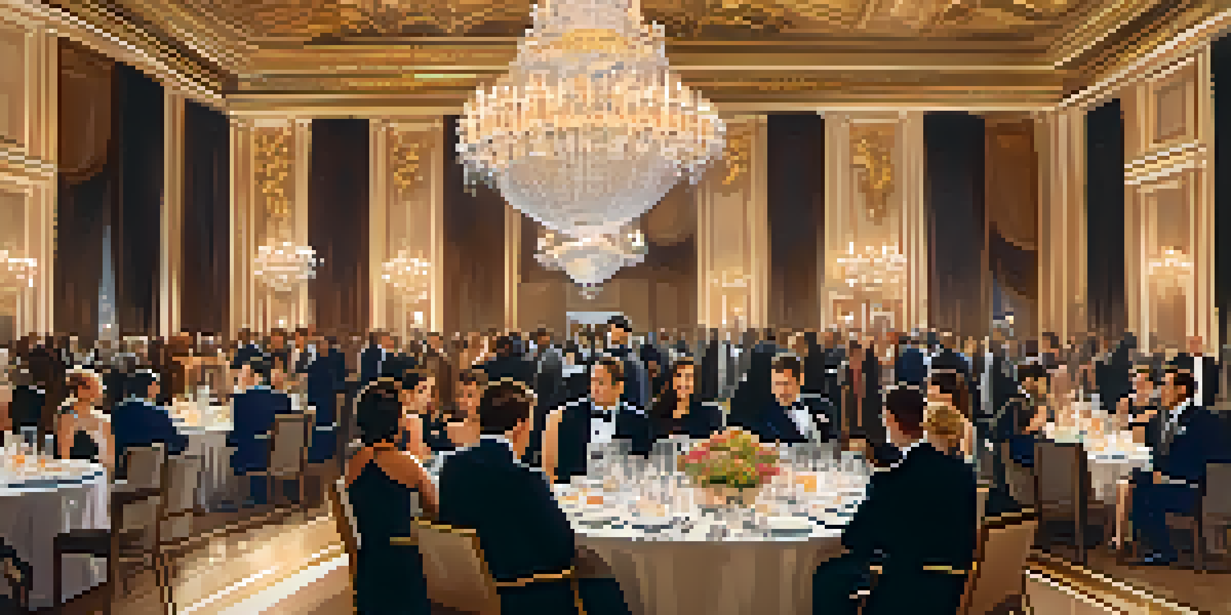 A vibrant ballroom filled with professionals in formal attire networking, illuminated by chandeliers and decorated with floral arrangements.