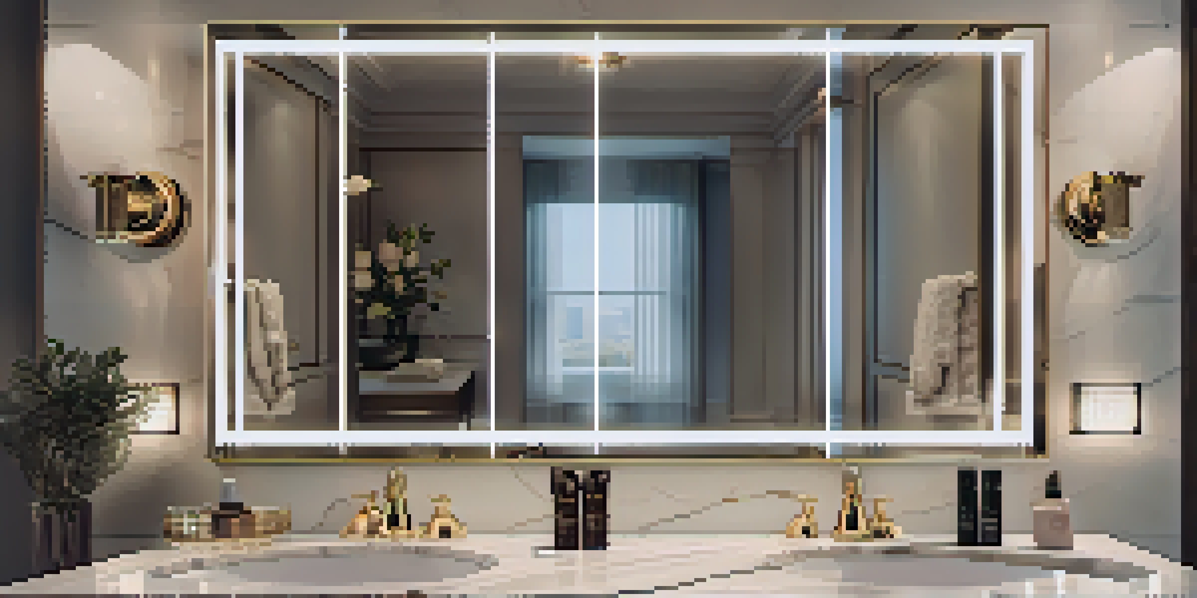 A luxurious bathroom with a smart mirror showing skincare recommendations, marble countertops, and elegant lighting.