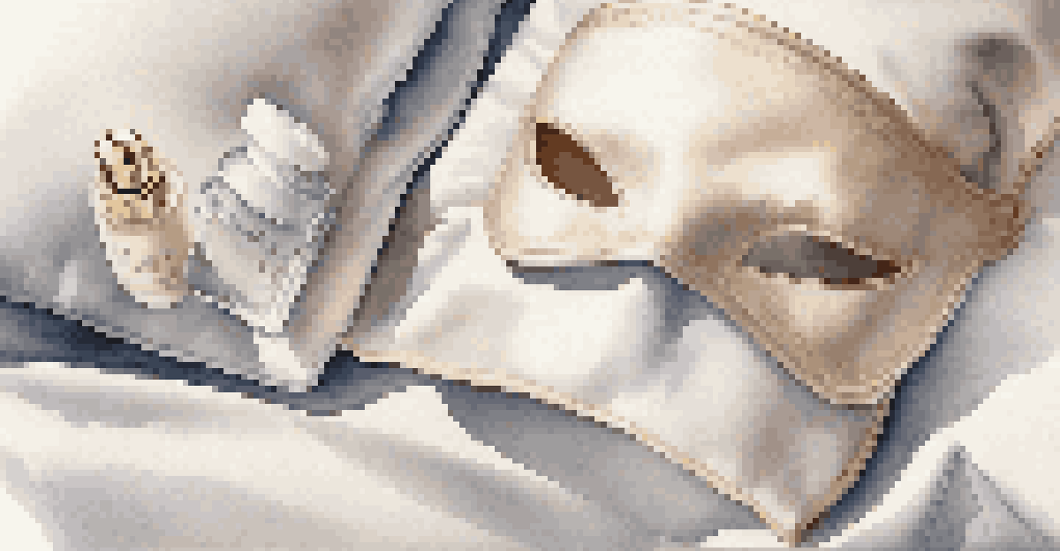 A silk eye mask on a soft pillow with skincare products around it.