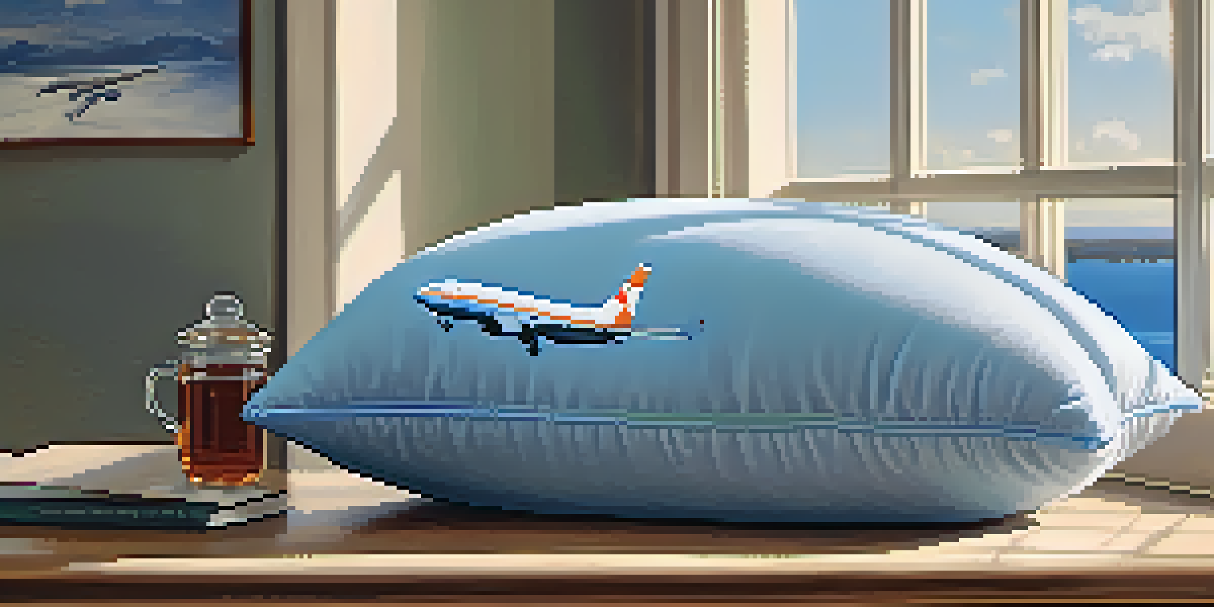 A luxurious memory foam travel pillow wrapped in silk fabric, set against a blurred airplane window with a blue sky outside.