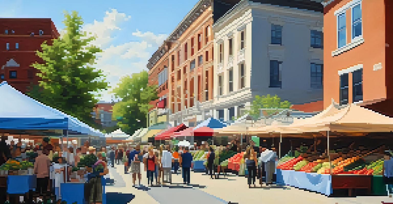 A lively farmer's market with colorful produce and people enjoying the atmosphere.