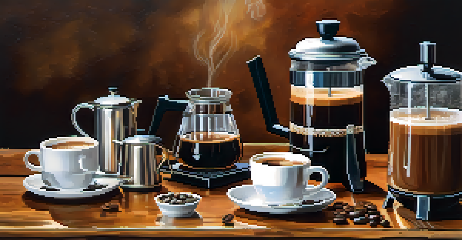 An arrangement of various coffee brewing methods on a wooden table, with steaming cups of coffee next to each method.