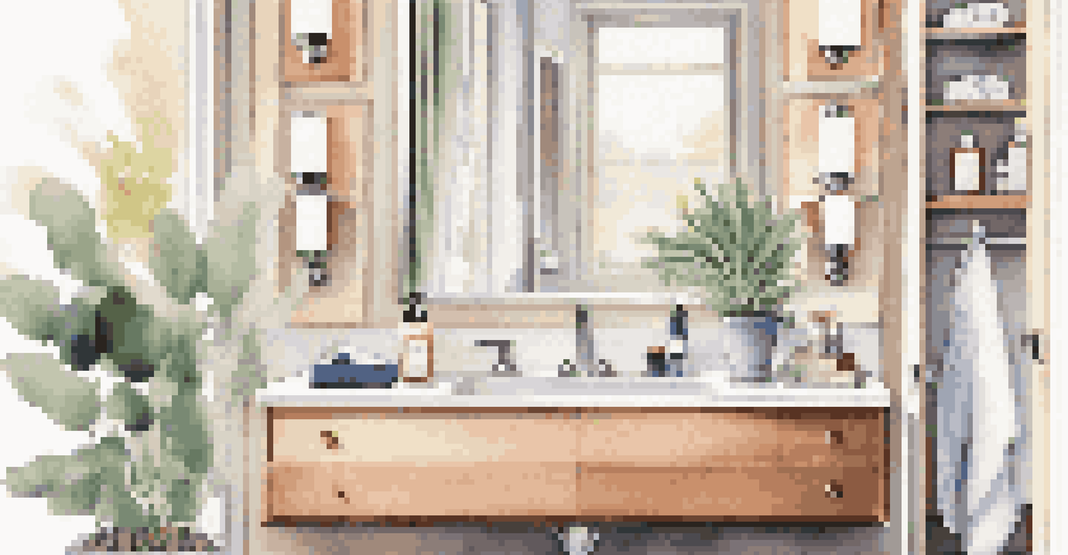 A serene bathroom with a vanity showcasing peptide skincare products, soft towels, and natural light.