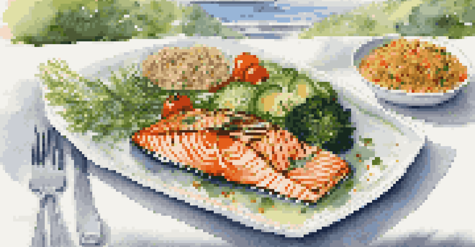 A beautifully arranged gourmet meal with organic vegetables and grilled salmon at a luxury fitness retreat, set against a garden backdrop.