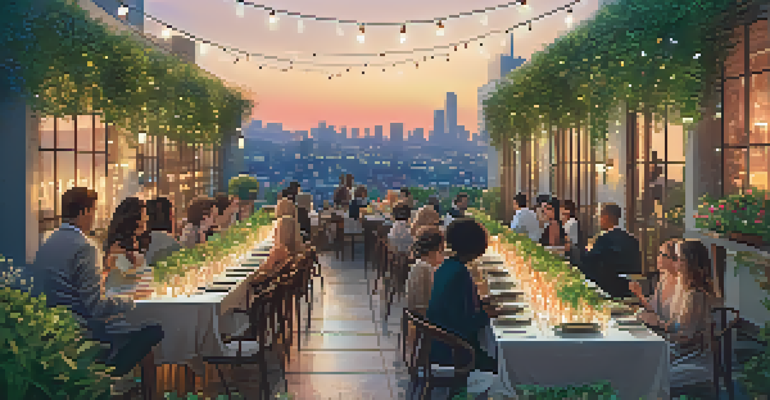 A rooftop garden dining setup with guests enjoying their meals, illuminated by string lights against a sunset backdrop.