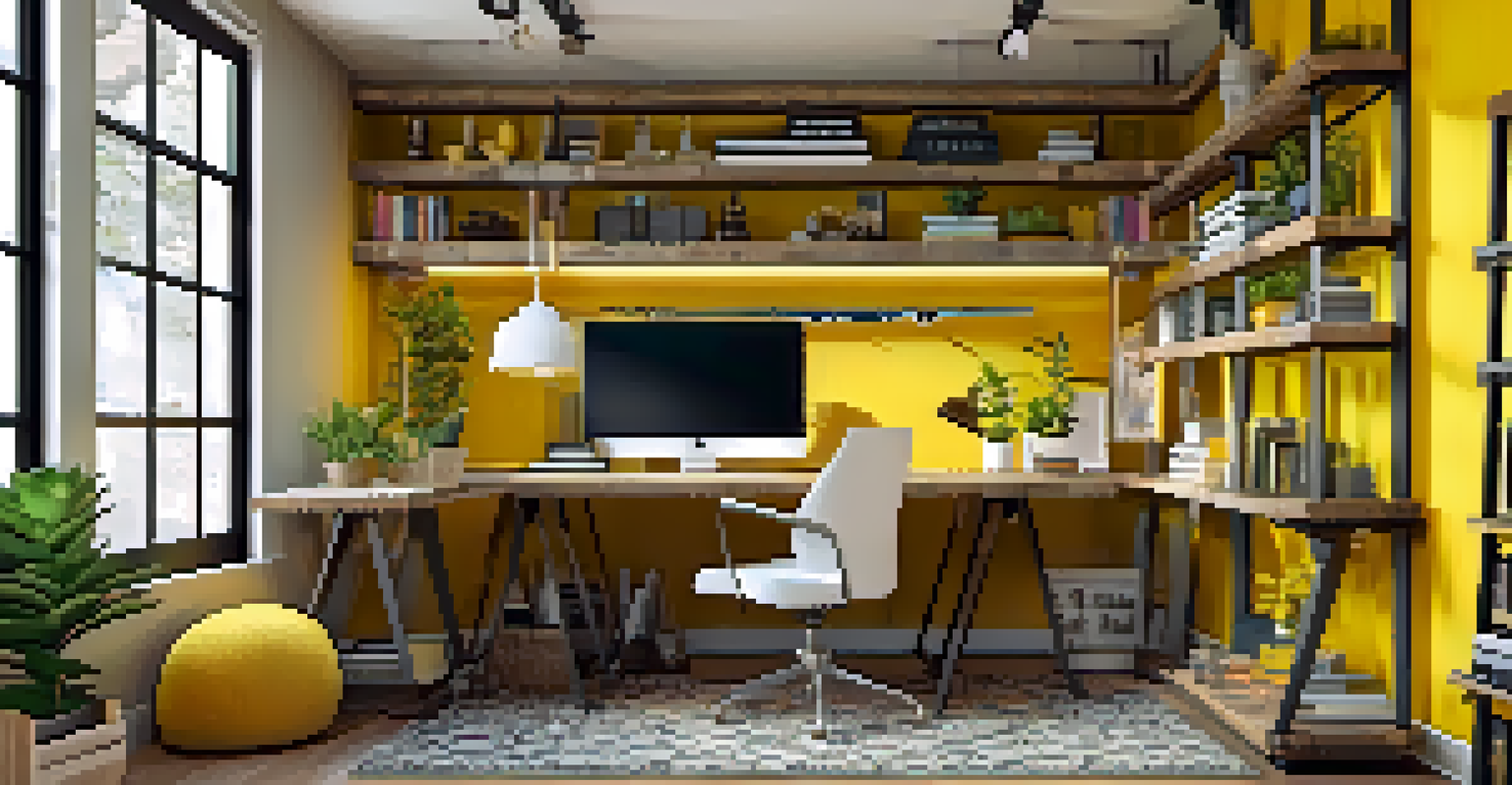 A cozy home office corner with a standing desk, shelves of books, a yellow accent wall, and decorative items including a succulent and motivational quotes.