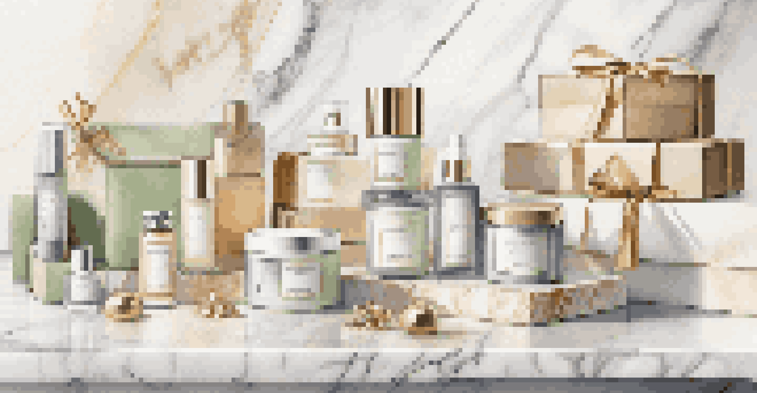 Seasonal luxury gifts, including sustainable skincare products, wrapped in eco-friendly materials on a marble countertop with soft lighting.