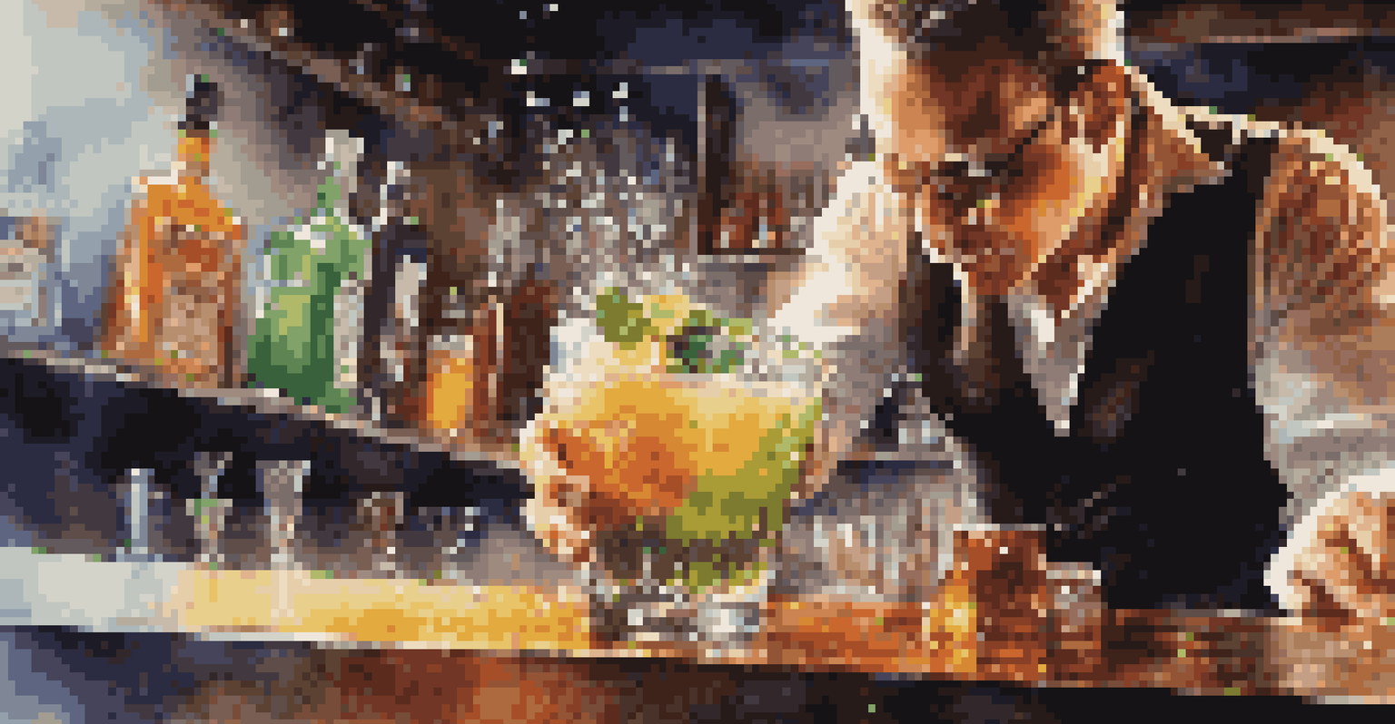 A mixologist shaking a cocktail shaker with condensation, surrounded by fresh herbs and fruits on the bar counter. The scene captures dynamic energy.