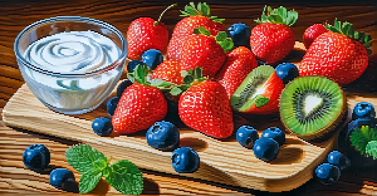 An artistic arrangement of strawberries, blueberries, and kiwi on a wooden cutting board with a bowl of whipped cream and a sprig of mint.
