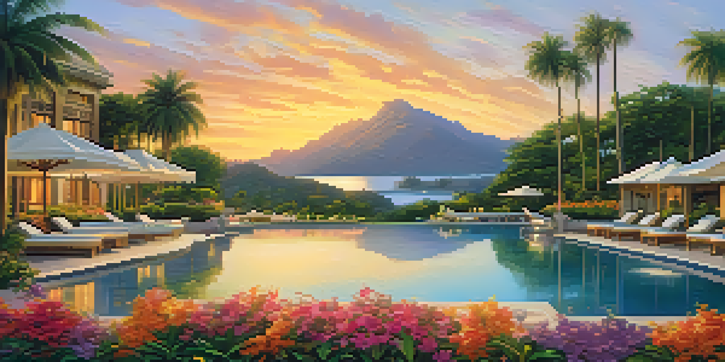 A peaceful luxury resort with a pool surrounded by greenery, flowers, and a sunset in the background.