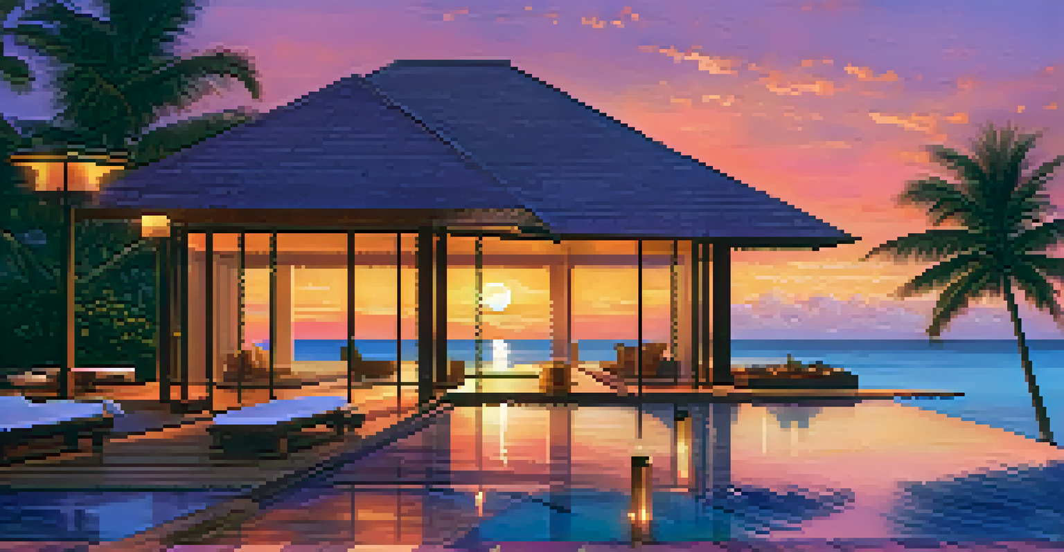 A romantic villa with an infinity pool at sunset, set up for a candlelit dinner on the beach.