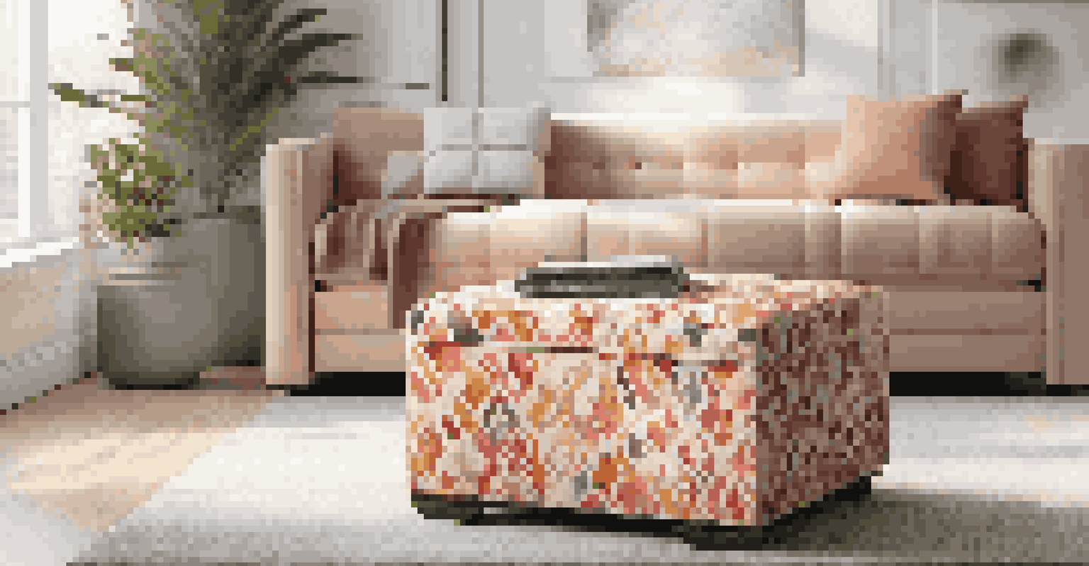 A colorful multifunctional ottoman in a bright room with wall art and a side table, emphasizing style and utility.