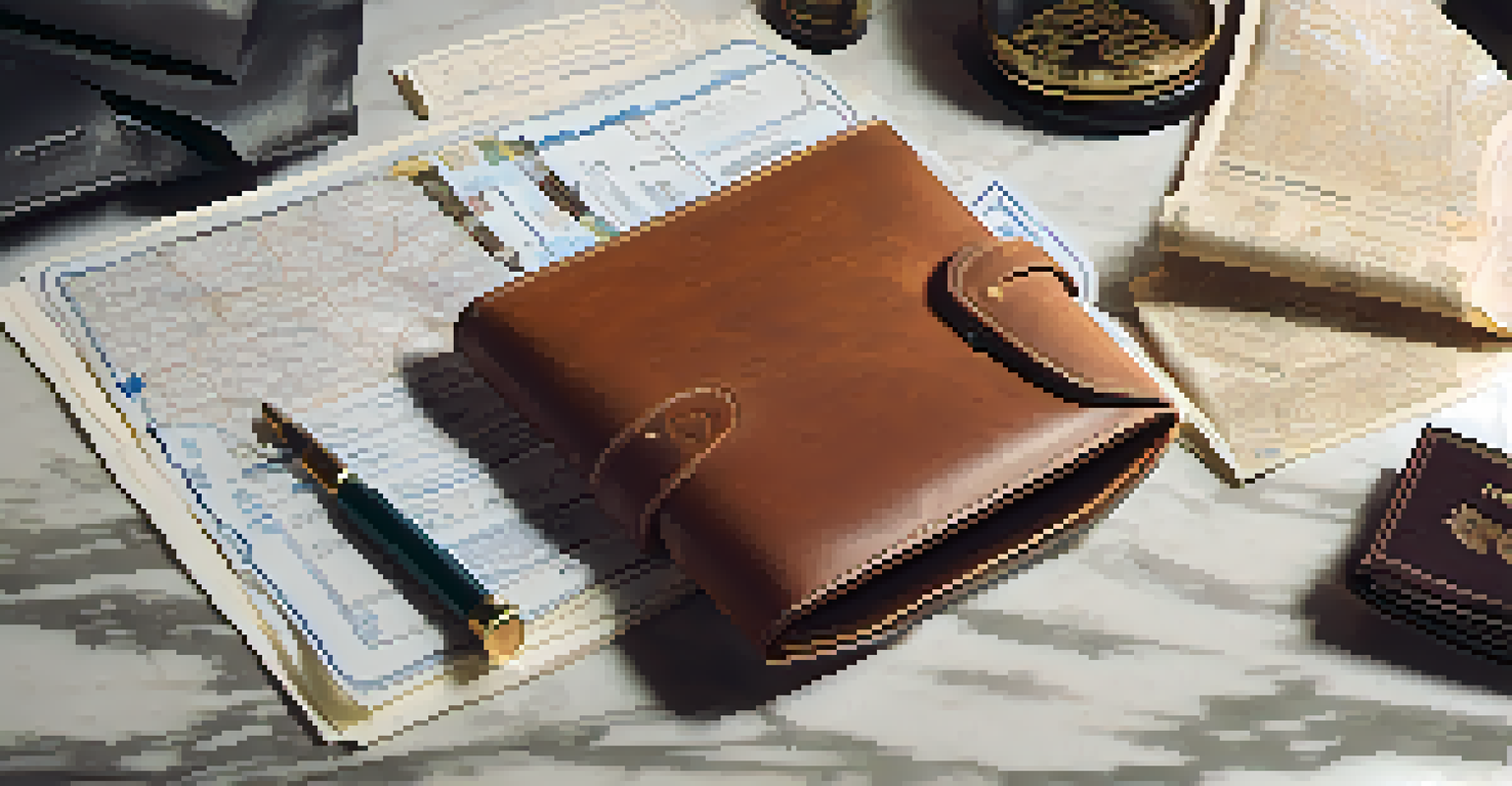 An elegant leather travel documents holder with organized passport and tickets on a marble table.