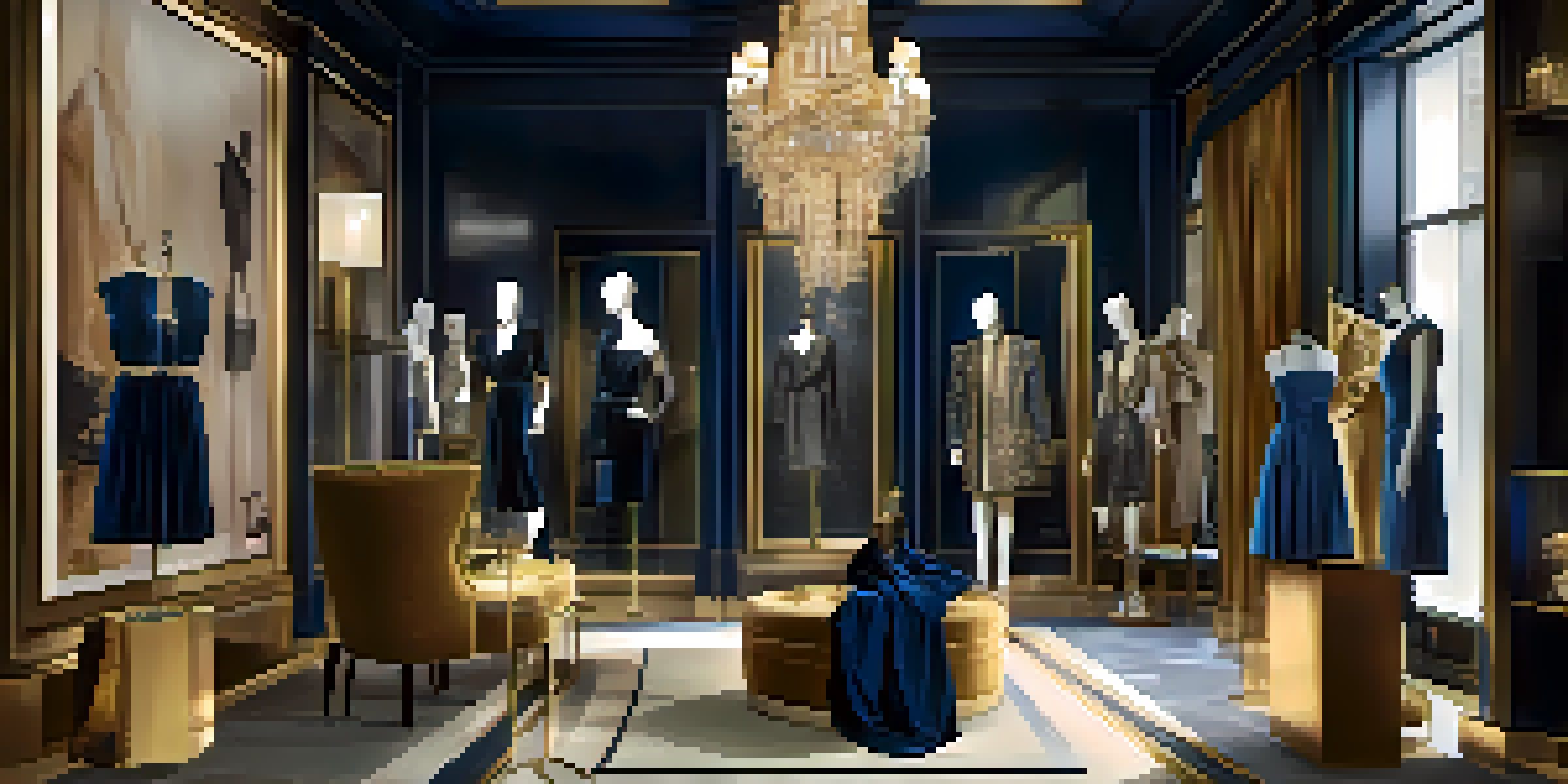An elegant boutique interior featuring personalized fashion items with soft lighting and rich textures.