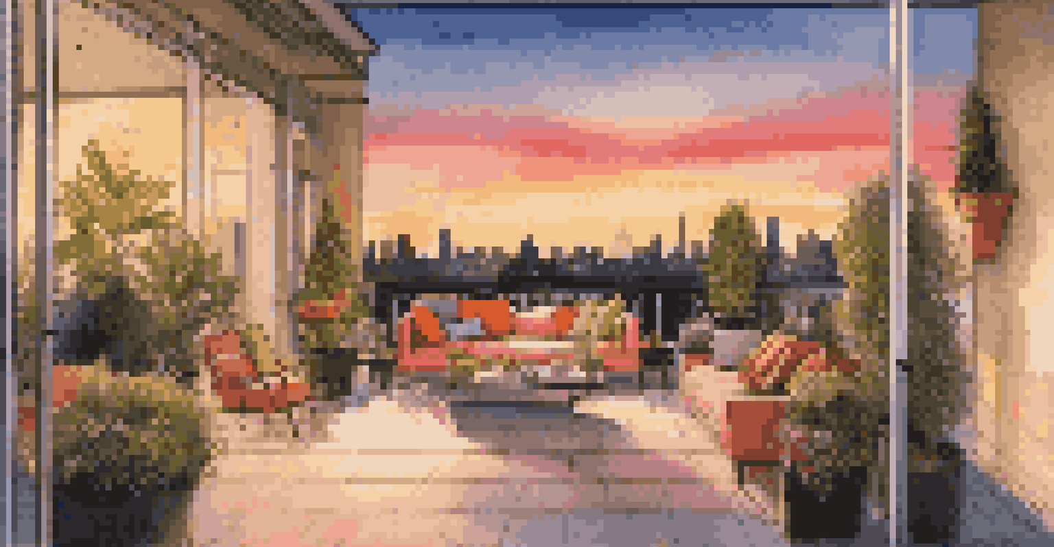 An elegant outdoor terrace with comfortable furniture and an art installation, overlooking a vibrant city skyline at sunset.