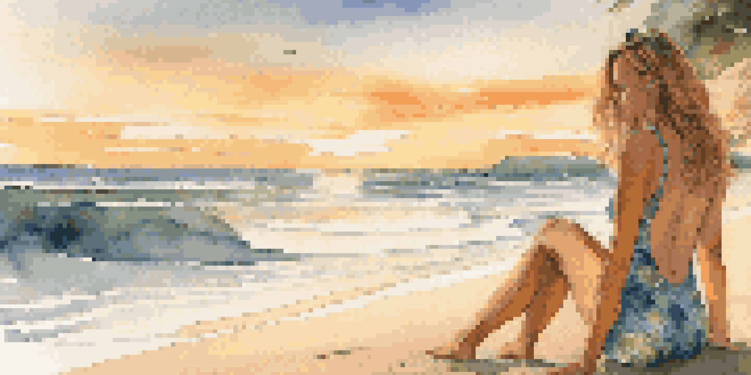 A model in an eco-friendly swimsuit stands on a beach during sunset, with waves and greenery around her.