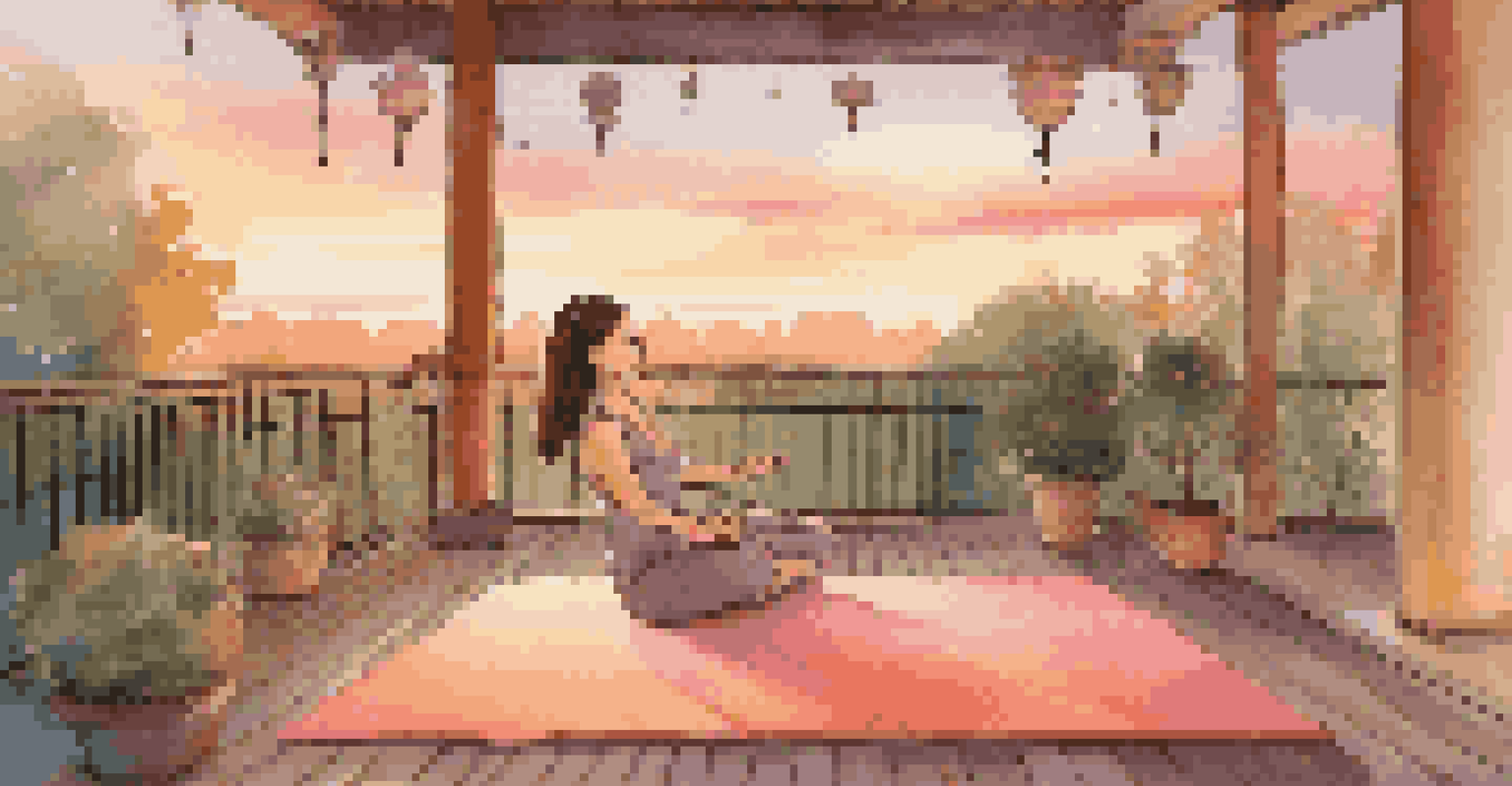 A balcony yoga setup during sunset, featuring a yoga mat and colorful pillows with a view of a garden.