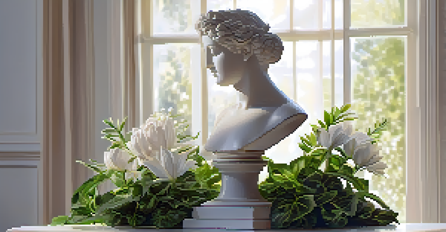 A classic sculpture on a marble pedestal with green plants and flowers around it.