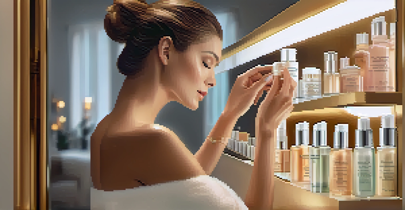 Close-up of a woman applying serum to her face in front of a mirror, with luxury skincare products in the background.