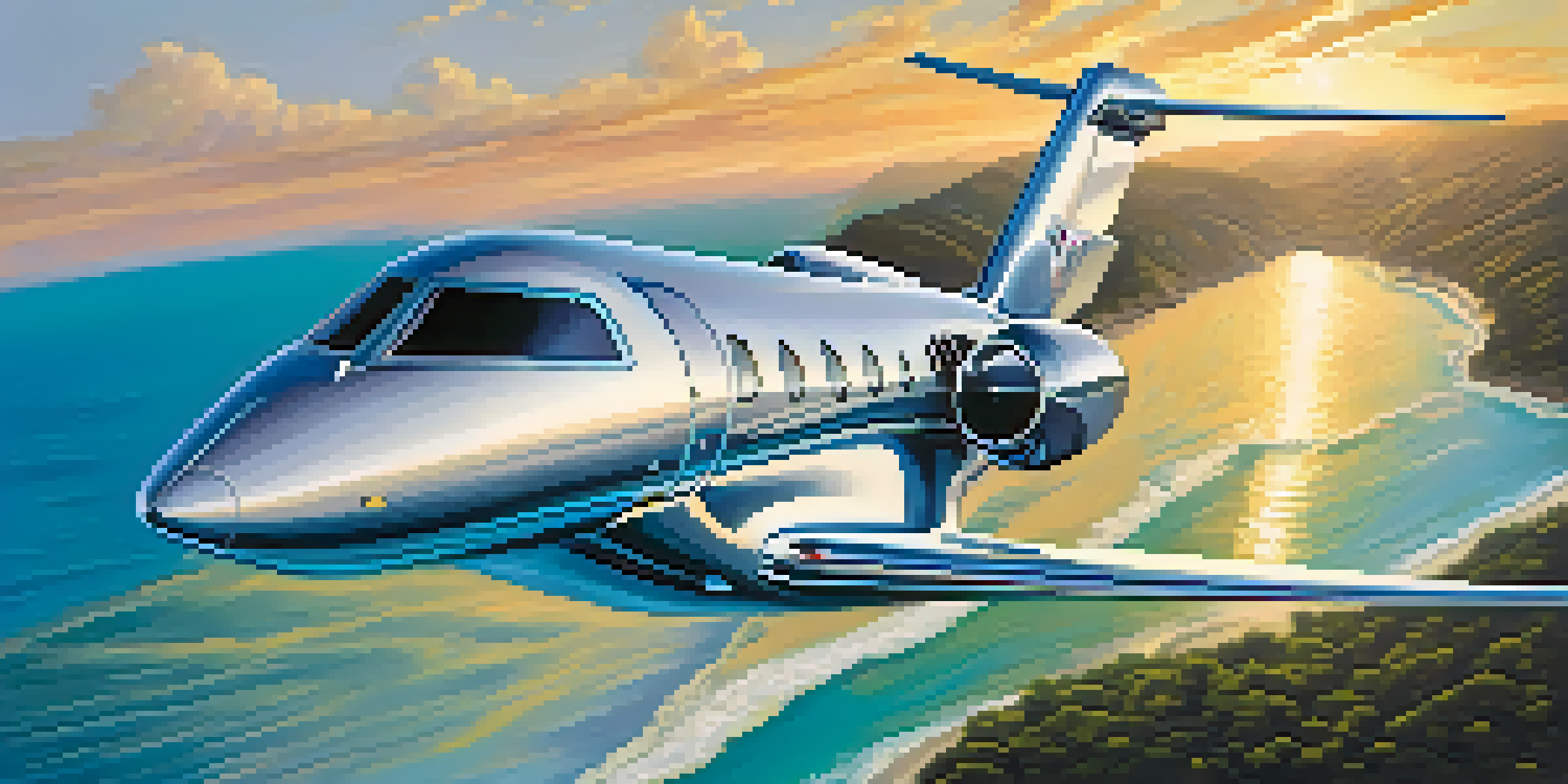 A modern private jet flying in a clear blue sky above a beautiful coastline with turquoise waters and greenery below.