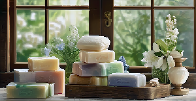 A collection of colorful handmade luxury soaps displayed on a wooden shelf in a soft-lit bathroom, surrounded by flowers and greenery.