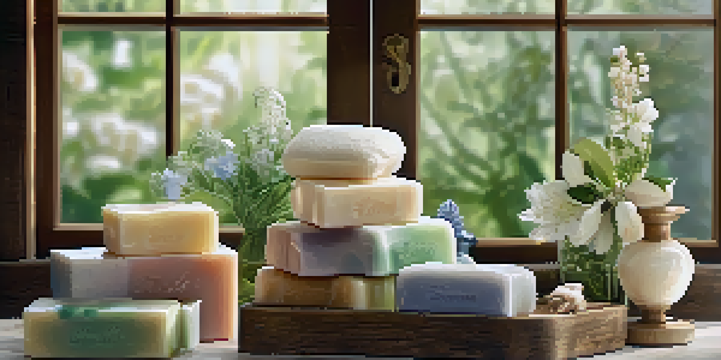 A collection of colorful handmade luxury soaps displayed on a wooden shelf in a soft-lit bathroom, surrounded by flowers and greenery.