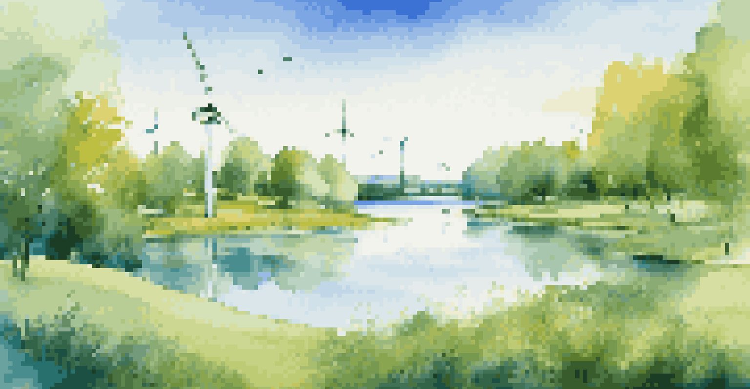 A vibrant digital artwork showing a green landscape with a lake, wind turbines, and wildlife under a clear blue sky.