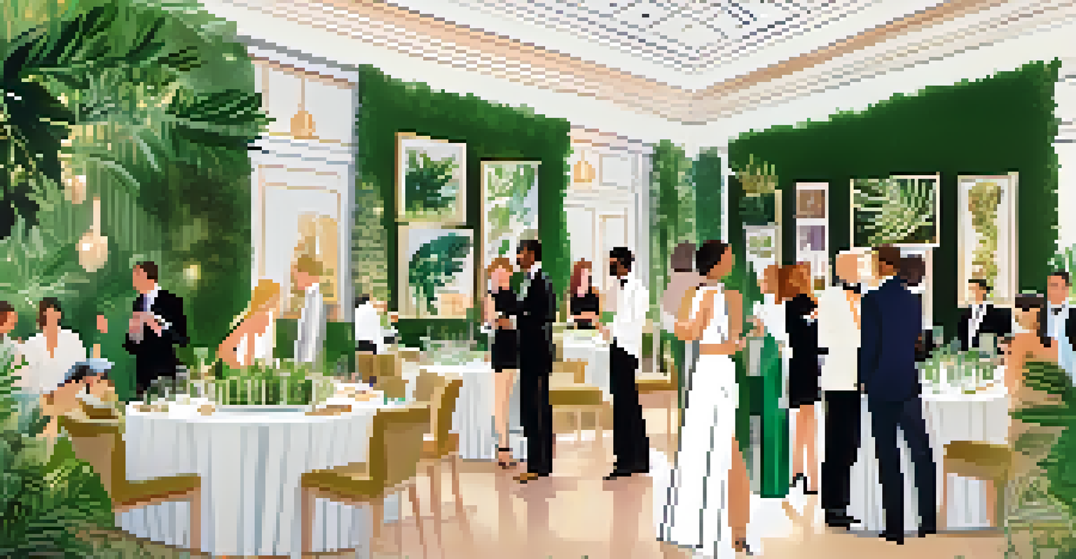 A stylish networking event at a luxury art fair with attendees enjoying cocktails and art in a sophisticated setting.
