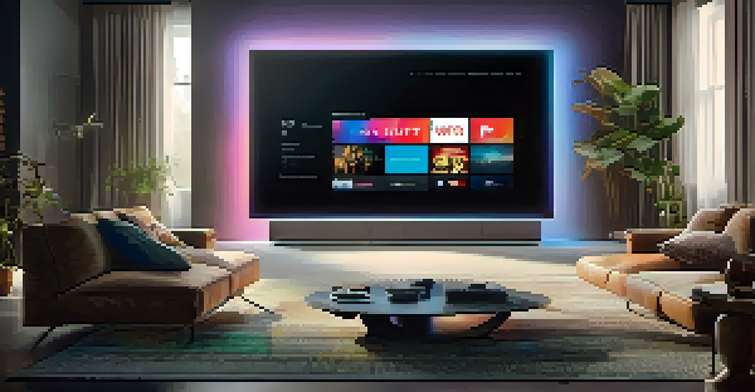 A home theater setup with an OLED TV showing a dark movie scene and a QLED TV displaying a colorful animated film, in a dimly lit room.