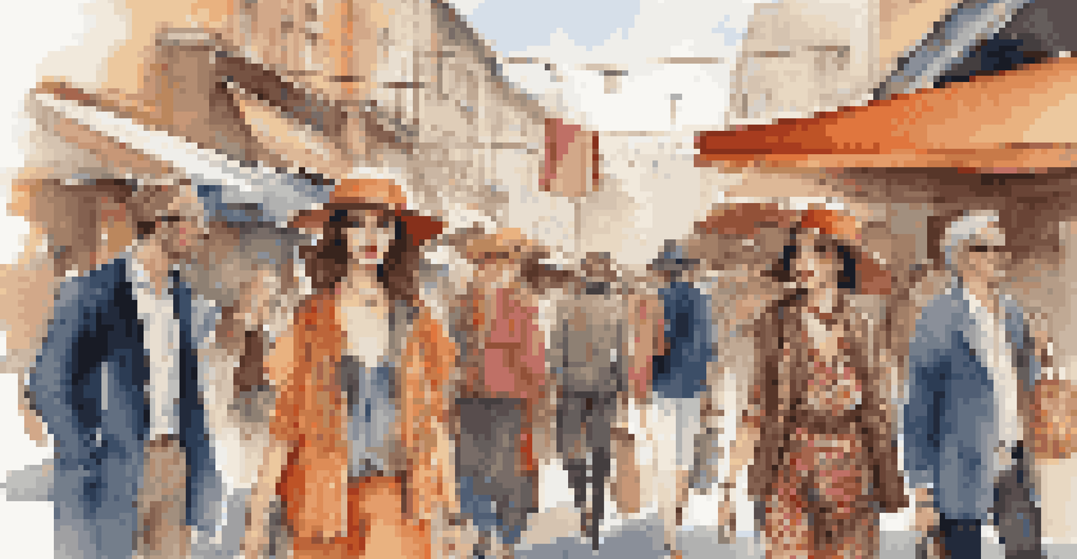 A diverse group of friends in a lively market wearing unique vintage and contemporary outfits, surrounded by colorful stalls.