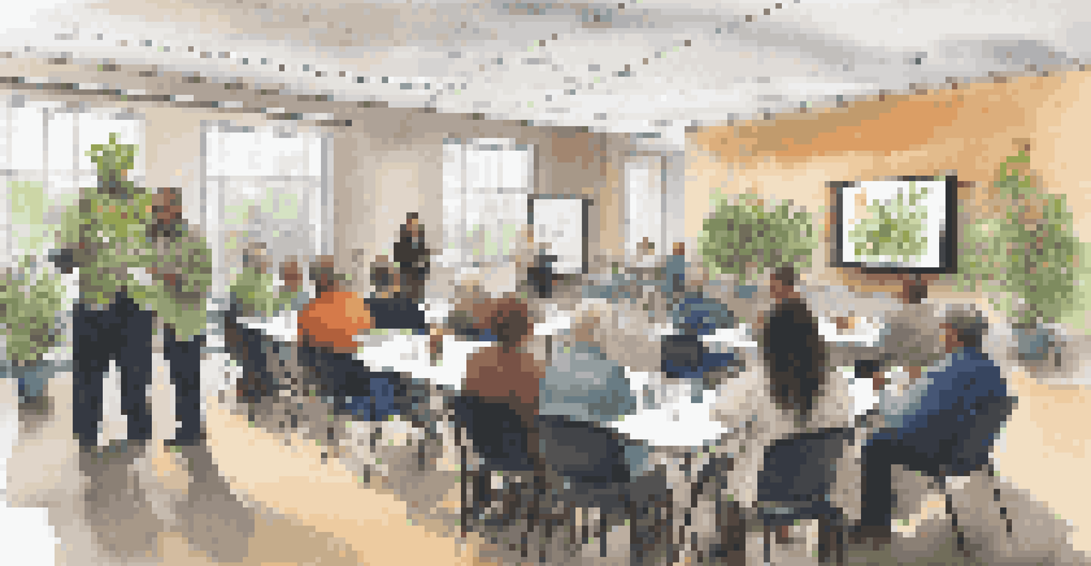 Residents attending a community safety workshop, engaging with a speaker and taking notes in a bright and inviting room.