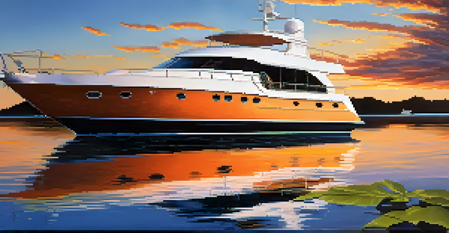 A luxury yacht anchored in clear blue waters during a sunset, surrounded by lush greenery.