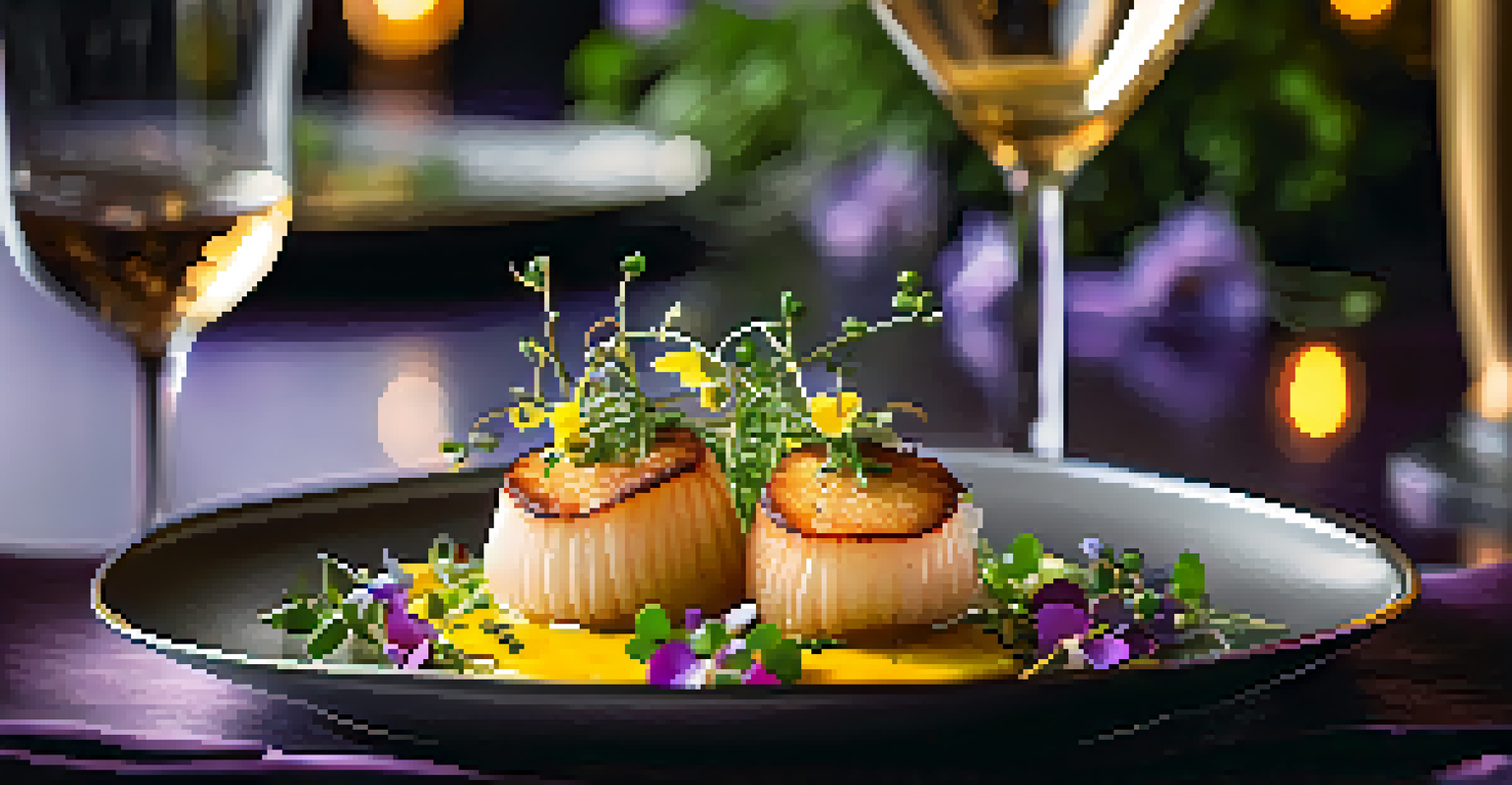 A close-up of a gourmet dish at a luxury event, showing seared scallops garnished with microgreens and edible flowers.