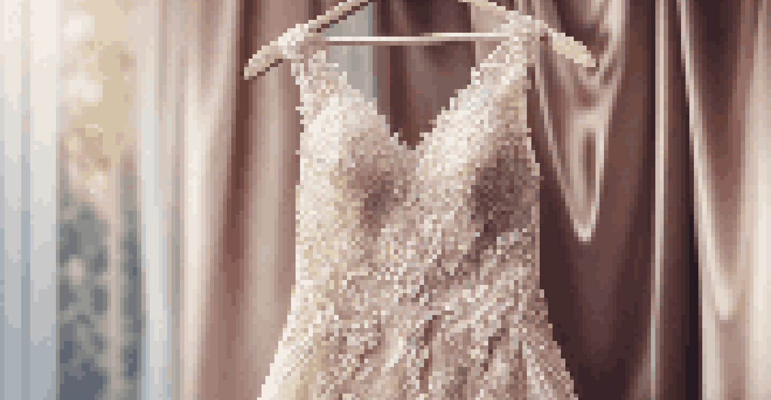 An elegant luxury dress made of lace and satin displayed on a hanger, showcasing intricate details.