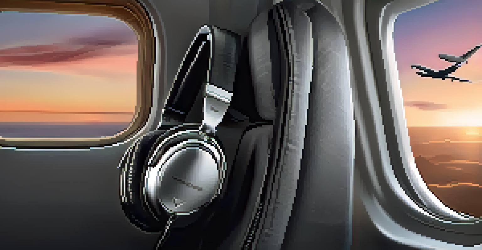 Luxury noise-canceling headphones placed on an airplane seat, with a beautiful sunset view outside the window.