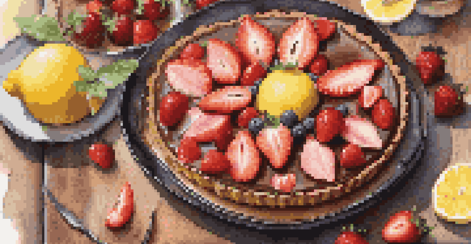 A dessert platter with seasonal treats including a strawberry tart, citrus mousse, and vegan chocolate cake, surrounded by fresh ingredients on a rustic table.