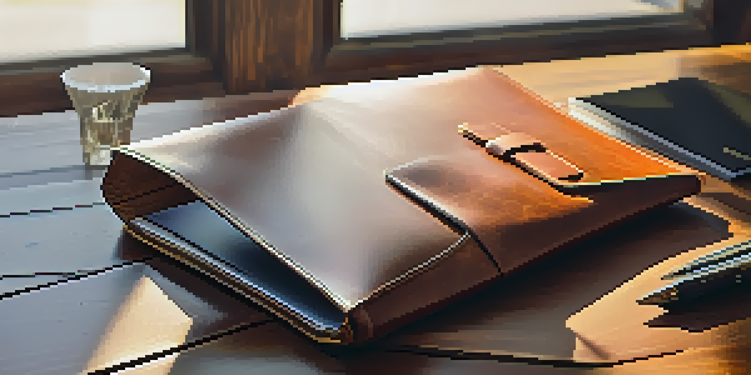 A luxurious leather laptop sleeve on a polished wooden desk, with a designer pen and notebook, illuminated by warm afternoon sunlight.