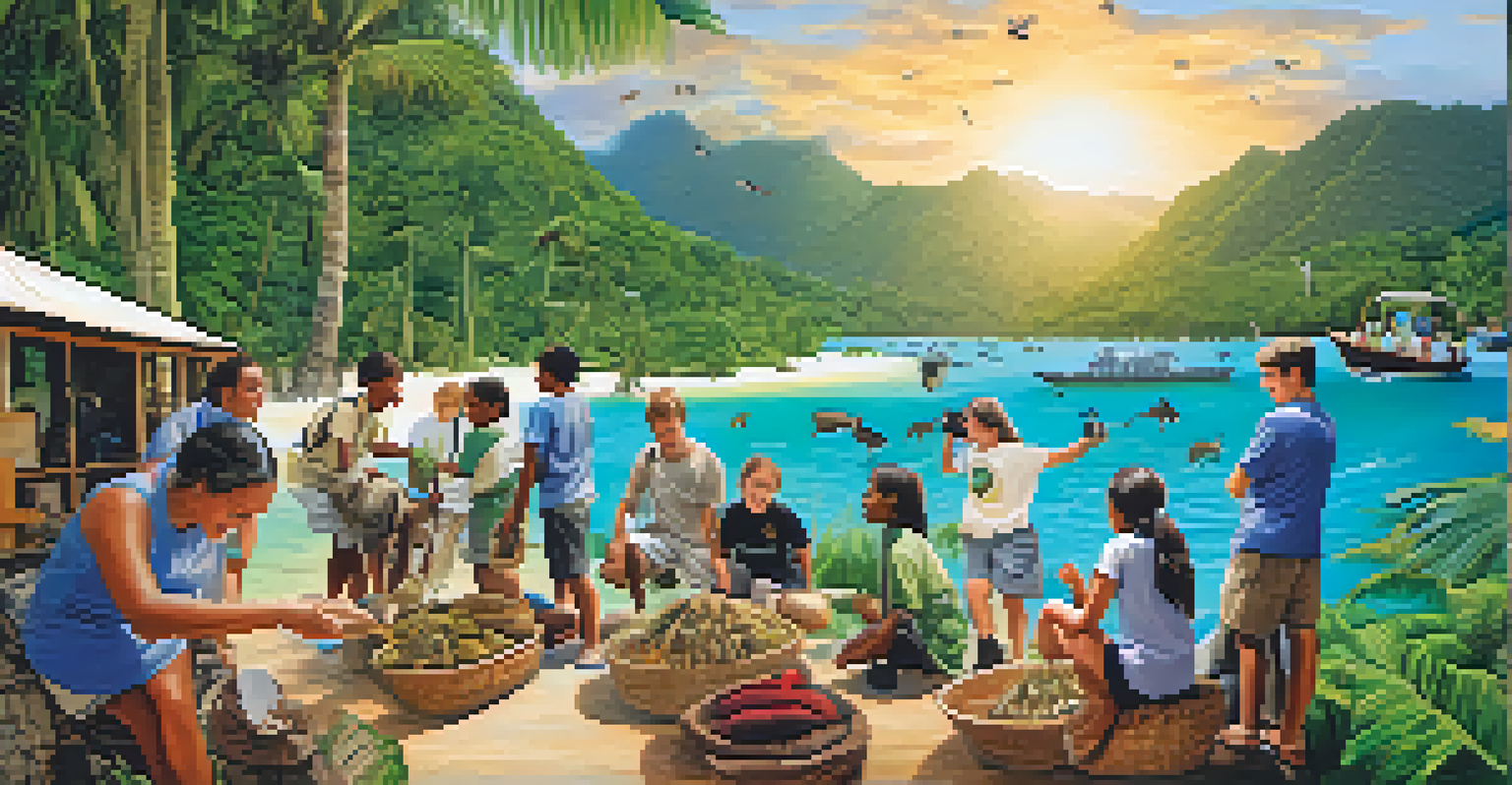 A collage showing travelers engaged in various volunteer activities on a luxury cruise, including teaching children, wildlife conservation, and community development projects against beautiful landscapes.