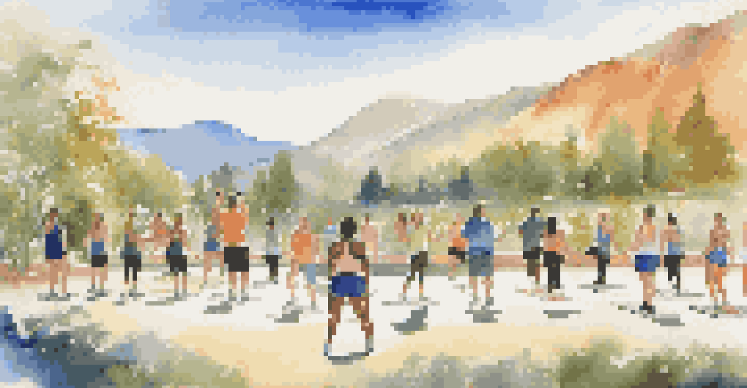 A diverse group participating in an outdoor fitness class at a luxury retreat with a scenic background.