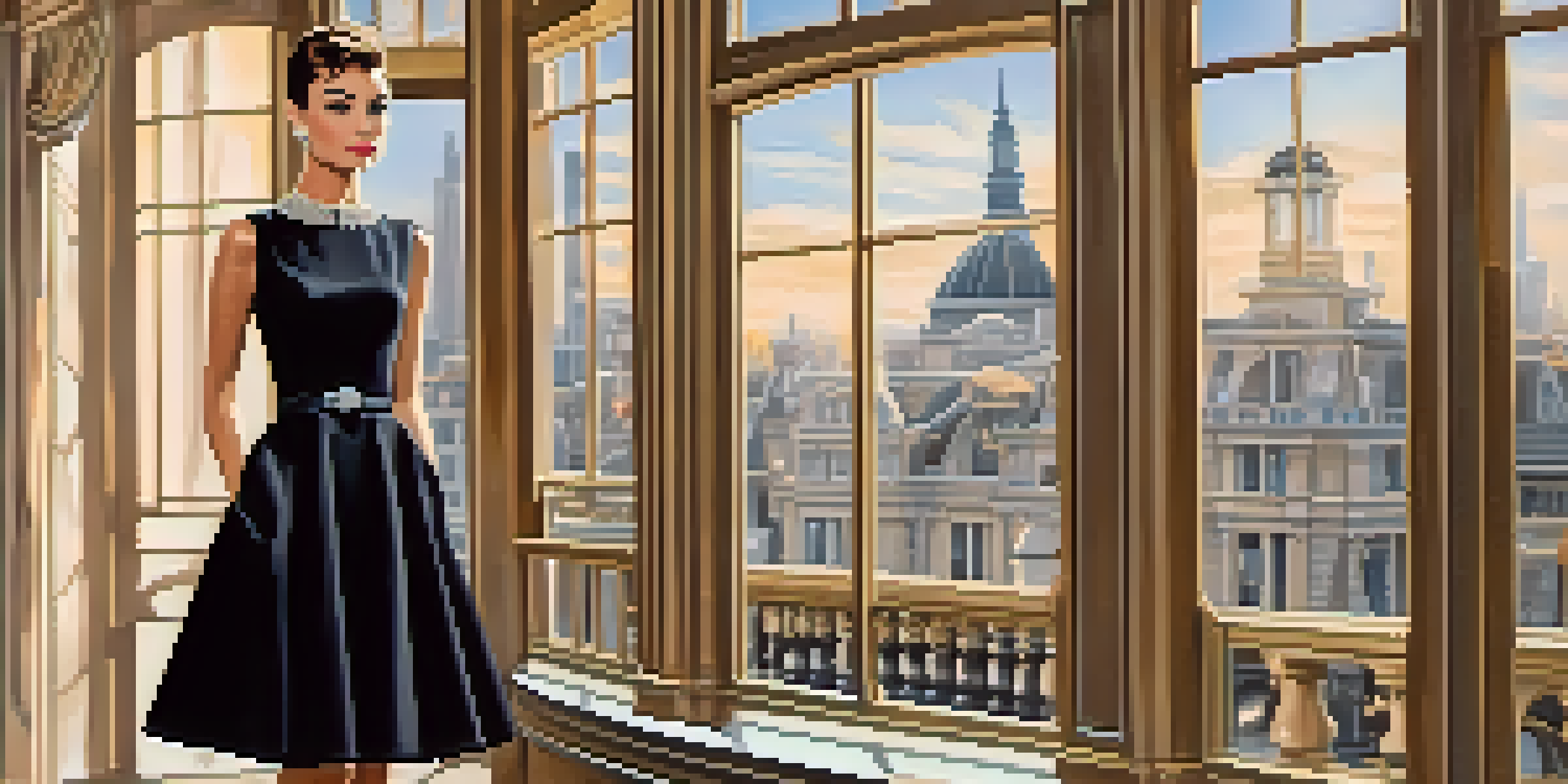 A model wearing a classic black dress, inspired by Audrey Hepburn, stands elegantly in front of a boutique window, showcasing the dress and accessories in a warmly lit scene.