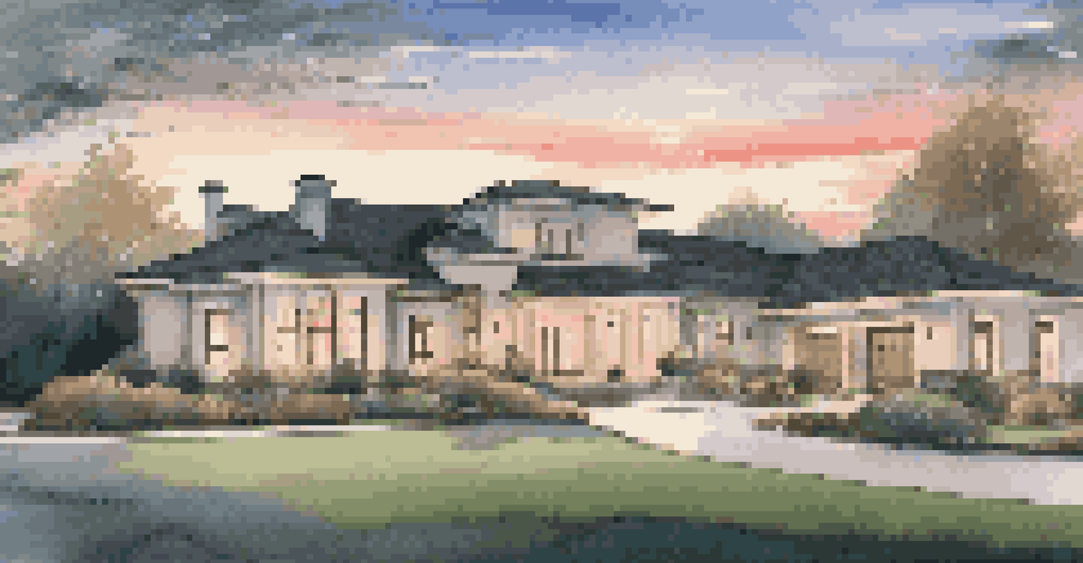 An exterior view of a luxury home at dusk, featuring smart security devices like cameras and motion sensors, beautifully lit.