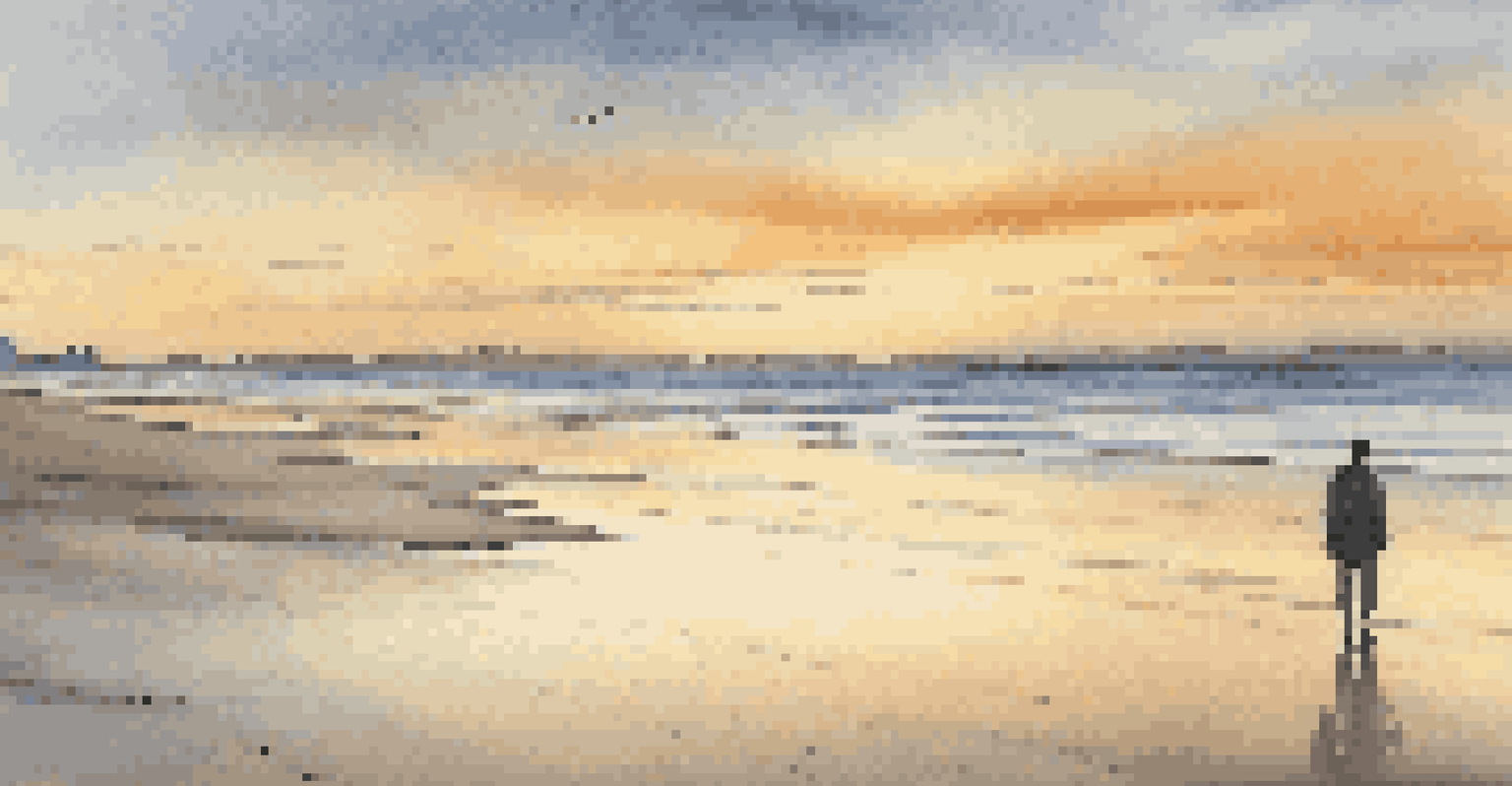 A person walking along a serene beach at sunset, with golden reflections on the water and a pastel sky.