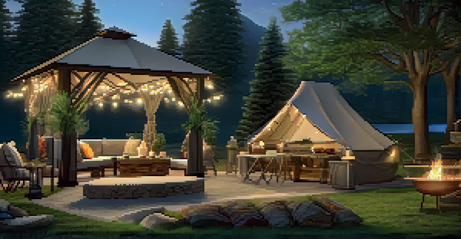 An outdoor luxury camping setup featuring a gazebo, rustic decor, a grill, and illuminated by string lights for a cozy evening atmosphere.